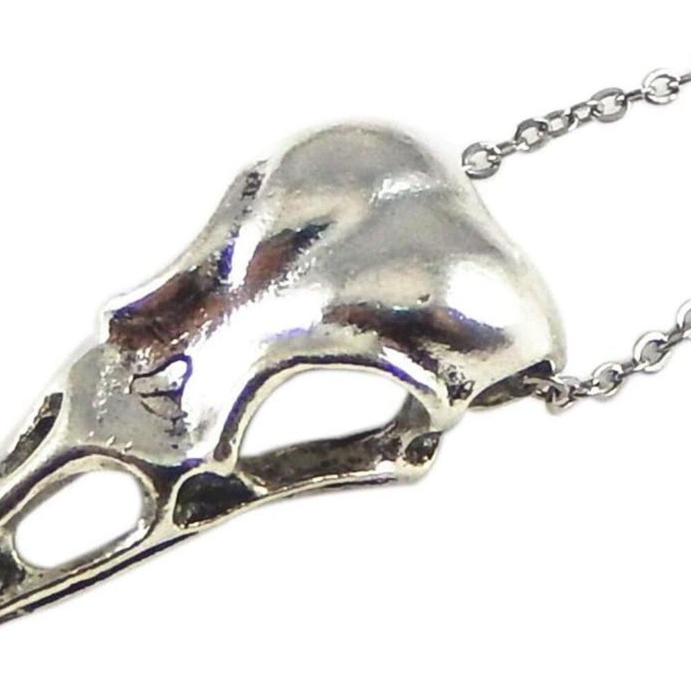 Vintage Antiqued Silver Crow Raven Skull Necklace with Stainless Steel Chain 18'
